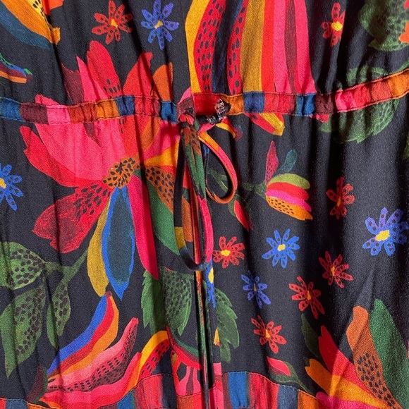 Farm Rio Black Banana Sky Mini Dress Sz S Puff Sleeve Tiered Flowy Beaded Beach - Picture 8 of 16